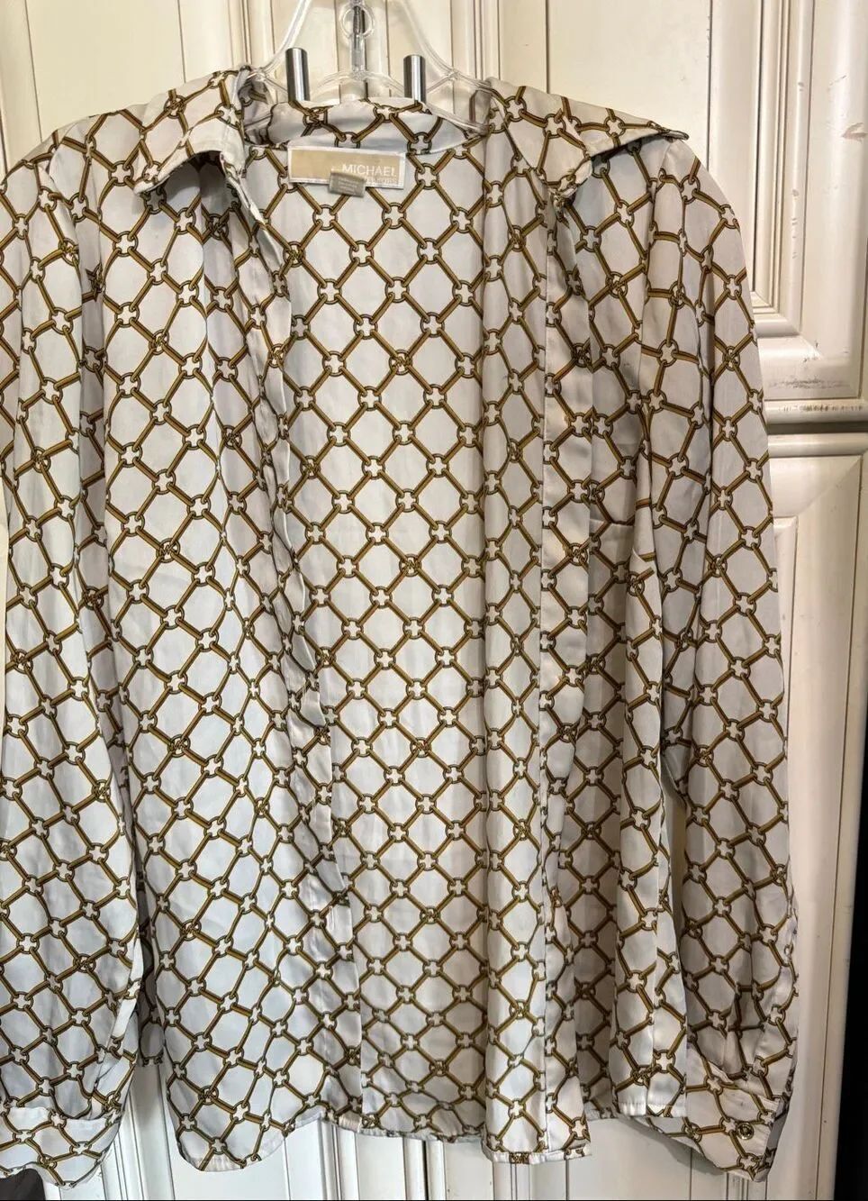 Michael Kors Women's Chain Print Long Sleeve Button Up Shirt Cream Tan Sz Medium